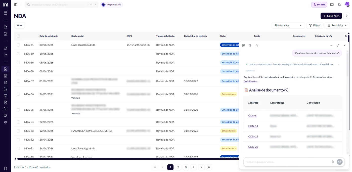 Tela do Linte: AI Advisor respondendo sobre a base de contratos