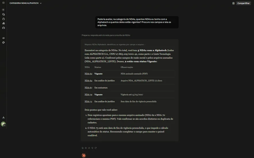Tela de integração do Linte conectando sistemas externos por MCP. Ambiente de demonstração.