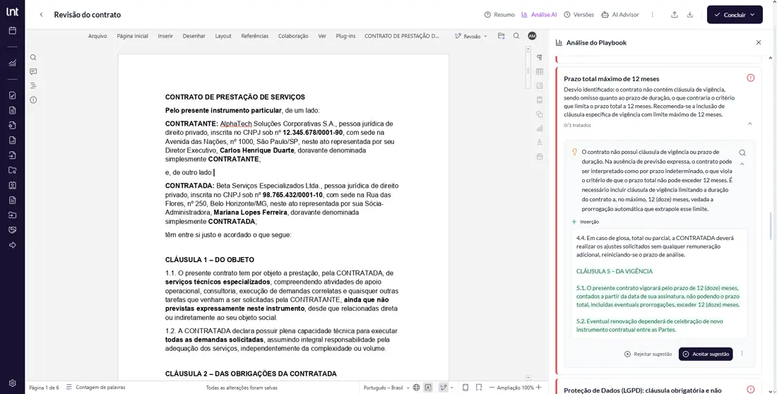 Tela do agente Revisor comparando versões de um contrato. Ambiente de demonstração.