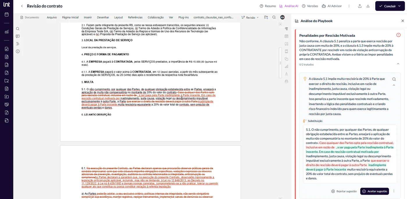 Tela do Linte: revisão com playbook, desvio apontado e cláusula sugerida